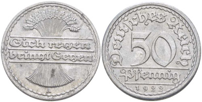 ГЕРМАНИЯ 50 ПФЕННИГОВ 1922 A KM 27, J. 301, Weege 10 алюминий 212-825