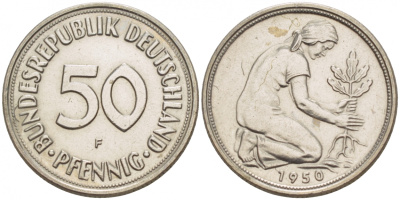 ФРГ 50 ПФЕННИГОВ 1950 F KM 109.1, J. 384 медно-никель 4532-342