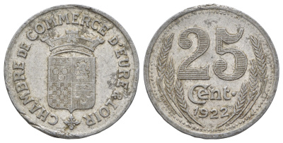 Франция, Эр и Луар 25 сантимов 1922 диаметр 27 мм, вес 2 гр Elie mon 10.3 алюминий 4126-1217