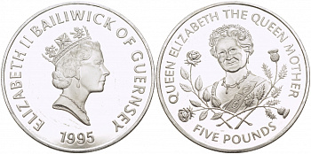 Гернси 5 фунтов 1995 Королева Елизавета, королева мать, царапинки на поле KM 66a серебро PROOF 1078-7-63