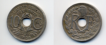 ФРАНЦИЯ 10 САНТИМОВ 1930 ТИП ЛИНДАЙЁ KM 866a медно-никель 4383-1014