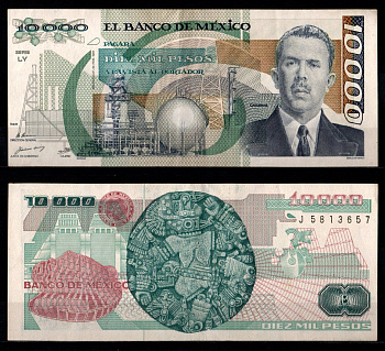Мексика 10000 песо 1987 Pick 90 бумага 7198-20-2-2
