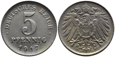ГЕРМАНИЯ 5 ПФЕННИГОВ 1917 D KM 19, Jager 297, Weege 5 железо 4547-563