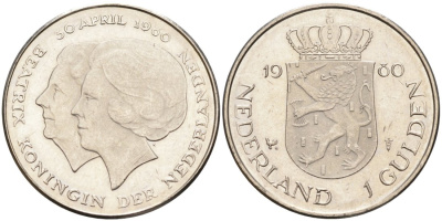 Нидерланды 1 гульден 1980 на коронацию Беатрикс, 30 апреля 1980 KM 200 никель 4563-241