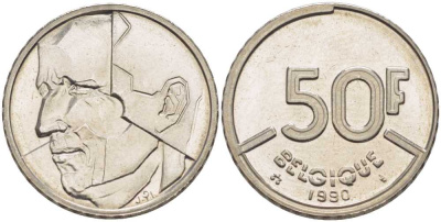 БЕЛЬГИЯ 50 ФРАНКОВ 1990 BELGIQUE, БОДУЭН I (1951-1993) KM 168 никель 210-945