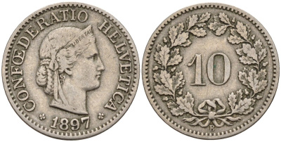 Швейцария 10 раппенов 1897 KM 27 медно-никель 4596-456