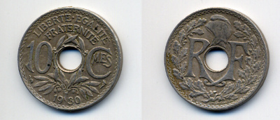 ФРАНЦИЯ 10 САНТИМОВ 1930 ТИП ЛИНДАЙЁ KM 866a медно-никель 4383-1014