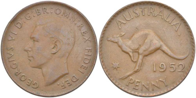 Австралия 1 пенни 1952 m, Георг VI (1937-1952), кенгуру KM 43 бронза 4512-1146