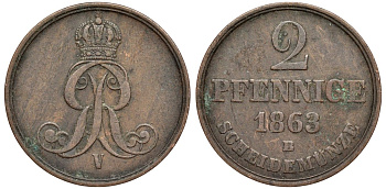 Брауншвейг-Каленберг-Ганновер 2 пфеннига 1863 B, Георг V (1851-1866) KM 234,aKS 153, J. 91 медь 4142-351