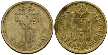 Португалия 10 эскудо 1988 KM 633 никелевая латунь 4176-1236