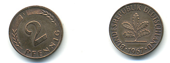 ФРГ 2 ПФЕННИГА 1967 J KM106, J.381 бронза 83-132