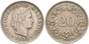 ШВЕЙЦАРИЯ 20 РАППЕНОВ 1953 В KM 29a медно-никель 55-726