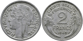 ФРАНЦИЯ 2 ФРАНКА 1949 KM 886а.1 алюминий 98-655