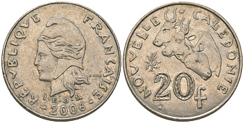 Французская Новая Каледония 20 франков 2006 три быка, (IEOM) KM 12a, Schoen 14a, Lec 115j медно-никель 81-1026