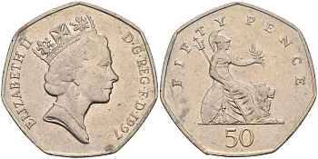 Великобритания 50 пенсов 1997 Елизавета II (1952-2022) KM 940.2, Spink 4351 (H7) медно-никель 4583-1242