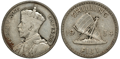 Фиджи 1 шиллинг 1934 Георг V (1910-1936), парусник KM 4 серебро 91-936