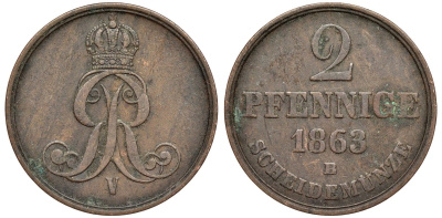 Брауншвейг-Каленберг-Ганновер 2 пфеннига 1863 B, Георг V (1851-1866) KM 234,aKS 153, J. 91 медь 4142-351