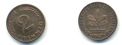 ФРГ 2 ПФЕННИГА 1967 J KM106, J.381 бронза 83-132