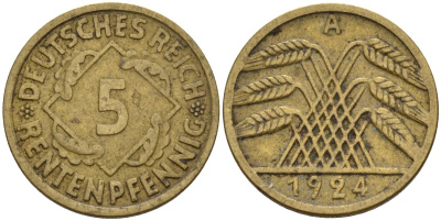 Германия 5 рентенпфеннигов 1924 A KM 32, J. 308 алюминиевая бронза 4151-651