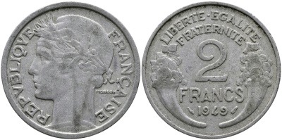 ФРАНЦИЯ 2 ФРАНКА 1949 KM 886а.1 алюминий 98-655