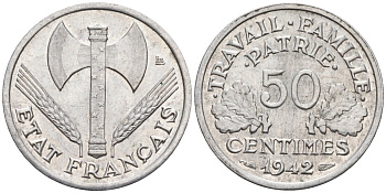 Франция 50 сантимов 1942 правительство Виши, тип Lourde KM 914, Le Franc 195.2 алюминий 4585-239