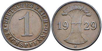 ГЕРМАНИЯ 1 РЕЙХСПФЕННИГ 1929 E KM 37, J. 313, Weege 2 бронза 4547-141