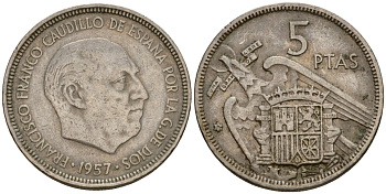 Испания 5 песет 1957 (71) Франсиско Франко (1939-1975) KM 786 медно-никель 186-657