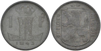 Бельгия 1 франк 1943 BELGIE-BELGIQUE, немецкая оккупация KM 128 цинк 4592-457