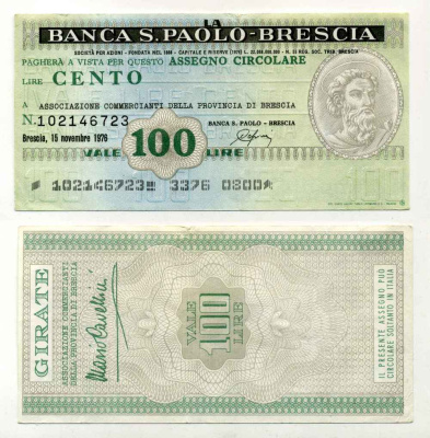 Италия чек на 100 лир 1976 Banca S. Paolo-Brescia, ассоциация торговцев провинции Brescia, 15 ноября 1976 бумага 8588-15-4-1