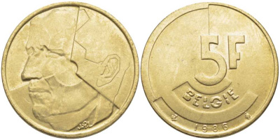 БЕЛЬГИЯ 5 ФРАНКОВ 1986 BELGIE, БОДУЭН I (1951-1993) KM 164 латунь или алюминиевая бронза 119-846