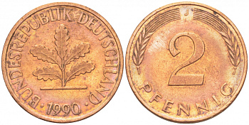 ФРГ 2 ПФЕННИГА 1990 J KM 106a, J.381a сталь плакированная сталь плакированная медьюю 4396-1621