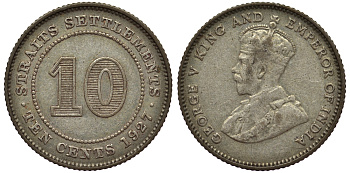Стрейтс-Сетлментс 10 центов 1927 Георг V (1910-1936) КМ 29b серебро 53-617