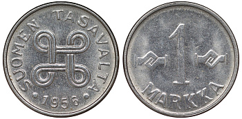 Финляндия 1 марка 1956 KM 36a никелированное железо 4164-134