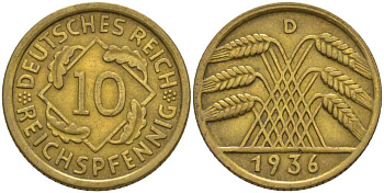 ГЕРМАНИЯ 10 РЕЙХСПФЕННИГОВ 1936 D KM 40, J. 317 алюминиевая бронза 4401-435