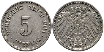 Германия 5 пфеннигов 1911 E KM 11, Jager 12, Weege 6 медно-никель 4547-523