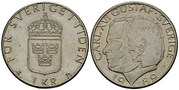 Швеция 1 крона 1989 Карл XVI Густав (1973- ) KM 852a медь плакированная медно-никелем 4176-611