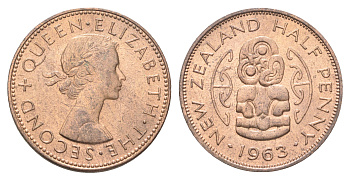 Новая Зеландия 1/2 пенни 1963 Елизавета II (1952-2022), божество Хей-Тики KM 23.2 бронза UNC M78-02