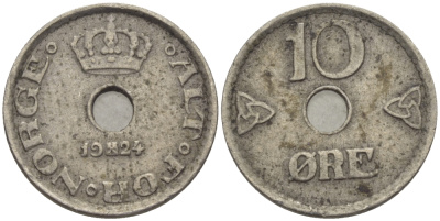 НОРВЕГИЯ 10 ЭРЕ 1924 KM 383 медно-никель 100-115