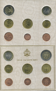 ВАТИКАН ЕВРОНАБОР ИЗ 8 МОНЕТ 2005 SEDE VACANTE, В ОРИГИНАЛЬНОМ БУКЛЕТЕ KM MS 112 биметалл UNC 7-5-48