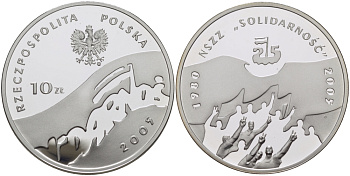 Польша 10 злотых 2005 MW, 25 лет независимому профсоюзу "Солидарность" KM 567 серебро PROOF 1074-8-61