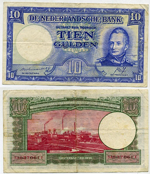 Нидерланды 10 гульденов 1945 Вильгельм I (1788-1843), неправильная дата Pick 75 a, Akkermans 35.1 a бумага 451-725-1