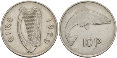 ИРЛАНДИЯ 10 ПЕНСОВ 1969 ЛОСОСЬ KM 23 медно-никель 34-152