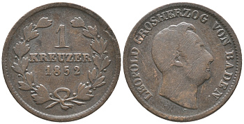 Баден 1 крейцер 1852 Леопольд I (1830-1852) KM 218.2 медь 100-955