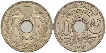 ФРАНЦИЯ 10 САНТИМОВ 1929 ТИП ЛИНДАЙЁ KM 866а, LE FRANC 138.16 медно-никель 108-212