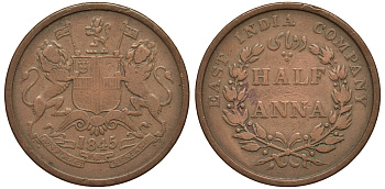 Британская Индия 1/2 анна 1845 Британская Ост-Индская компания KM 447.1 медь 00-00