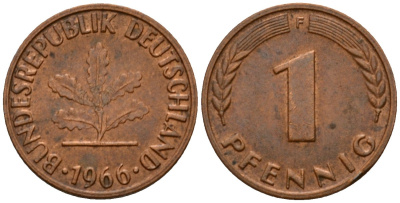 ФРГ 1 пфенниг 1966 F KM 105, J.380 сталь плакированная медью 4602-755