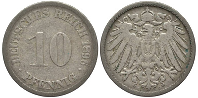 ГЕРМАНИЯ 10 ПФЕННИГОВ 1896 D KM 12, Jager 13, Weege 8 медно-никель 4538-135