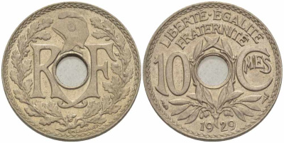 ФРАНЦИЯ 10 САНТИМОВ 1929 ТИП ЛИНДАЙЁ KM 866а, LE FRANC 138.16 медно-никель 108-212