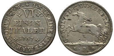 Брауншвейг-Вольфенбюттель 1/6 талера 1767 IDB, вес 5,12 гр. KM 971 серебро 413-1321