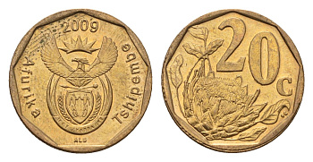 ЮАР 20 центов 2009 герб, цветок протея KM 466 сталь плакированная бронзой UNC 4687-636